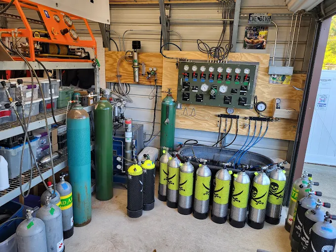 Dive shop interior with tanks and BCDs